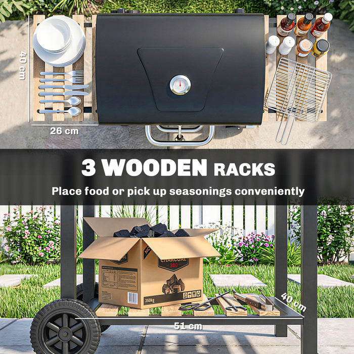 Outsunny Outdoor Charcoal BBQ Grill, Portable Barbecue Grill with Adjustable Charcoal Pan, Spacious Cooking Area, 3 Shelves, Thermometer, Wheels for Patio Backyard Party