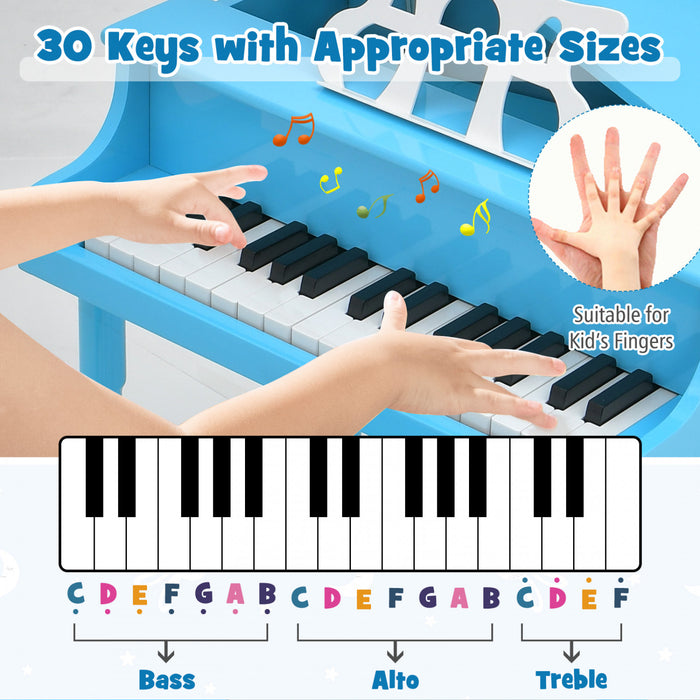 Costway 30-Key Classic Baby Grand Piano Toddler Toy Wood with Bench & Music Rack Blue