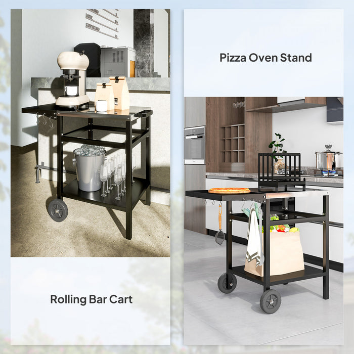 Outsunny Outdoor Grill Dining Cart with Stainless Steel Top and Foldable Side Table, BBQ Movable Pizza Oven Stand Food Prep Table Trolley with Hooks Shelf Cover, Black