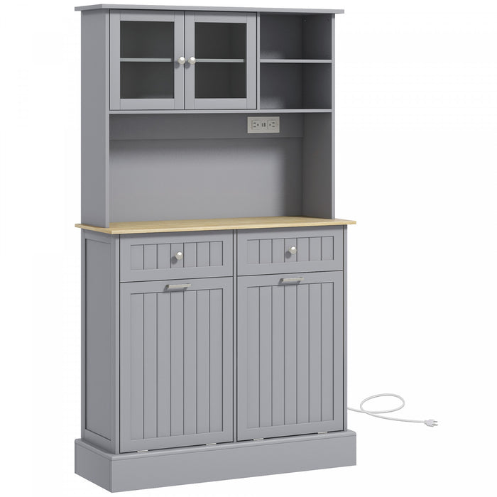 HOMCOM Kitchen Pantry Cabinet, Storage Cabinet w/ Charging Station, Grey