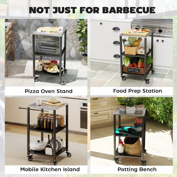 Outsunny Outdoor Grill Cart, Pizza Oven Stand with Stainless Steel Top, 3-Tier Rolling Kitchen Prep Station with Lockable Wheels, Black