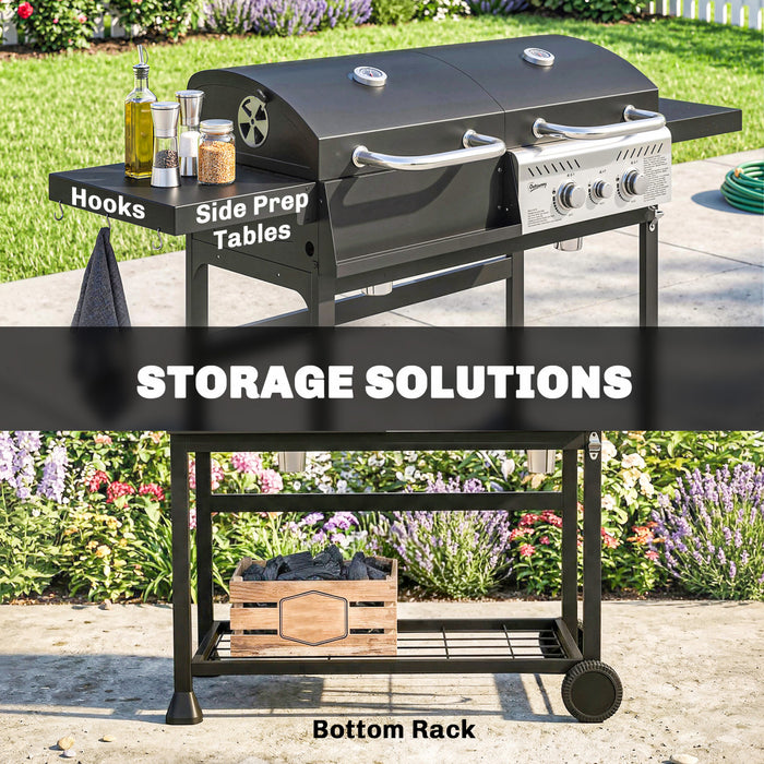 Outsunny Dual Fuel BBQ Grill, Charcoal and 2+1 Gas Burner Barbecue Grill with Wheels, Warming Rack, Shelves, Thermometer, Bottle Opener, Outdoor Barbeque for Backyard Patio, Black
