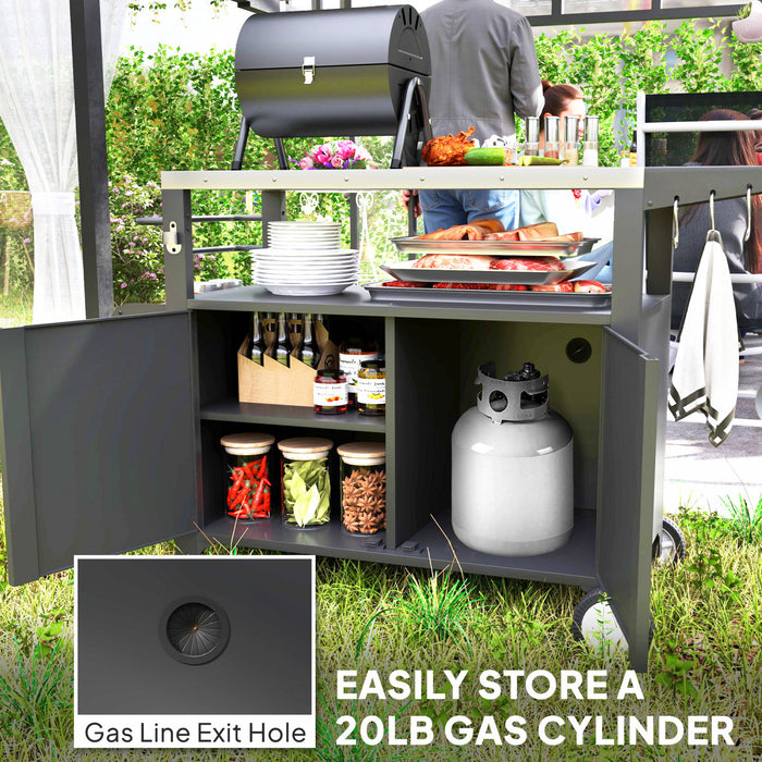 Outsunny Outdoor Grill Cart with Foldable Side Table, 37.8\" x 18.1\" Pizza Oven Stand with Stainless Steel Tabletop, Storage & Towel Rack, Hooks, Movable Food Prep Table on Wheels