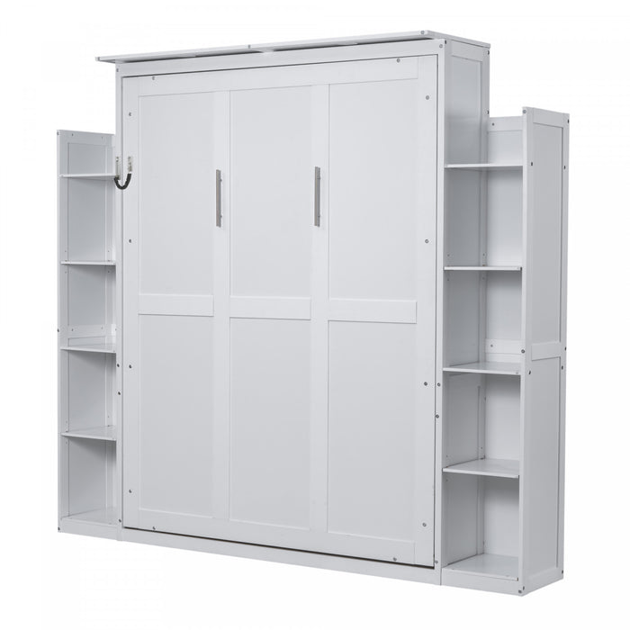 Aiden Murphy Bed with Shelves and LED Lights,Queen Size,White Queen Bed