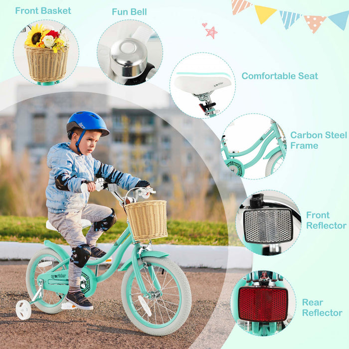 Prorider 16\" Kid's Bike With Training Wheels Adjustable Handlebar Seat Handbrake Green