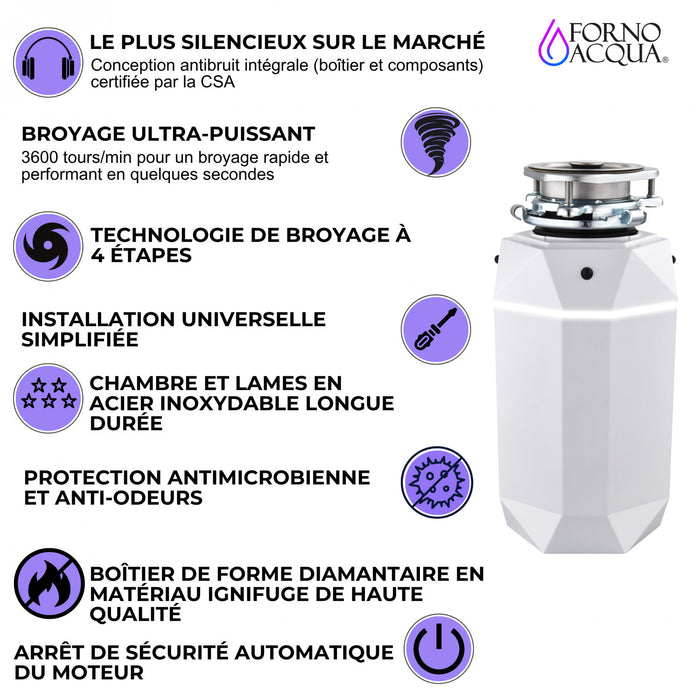 BrightDIAMOND 3/4HP Quietest Waste Disposer, LED Cabinet Light, Corded & Air Switch, MoonStone - WDD075TA2MS Food Disposer