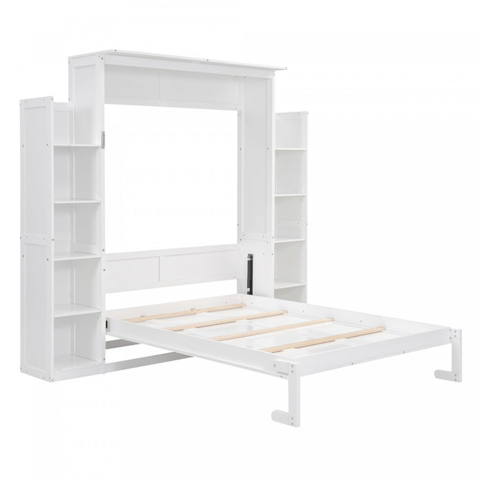 Aiden Murphy Bed with Shelves and LED Lights,Full Size,White Full Bed
