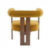 Crest Modern Upholstered Round Arm Accent Chair with Three-Leg Design, Mustard Yellow, Walnut | Crest Fauteuil d'Appoint Moderne a Accoudoirs Ronds et Pieds Triangulaires, Jaune Moutarde, Noyer