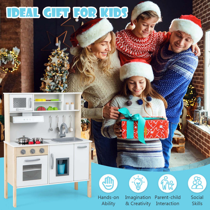 Costway Kids Kitchen Playset Wooden Pretend Play Chef Toy W/ Microwave & Accessories