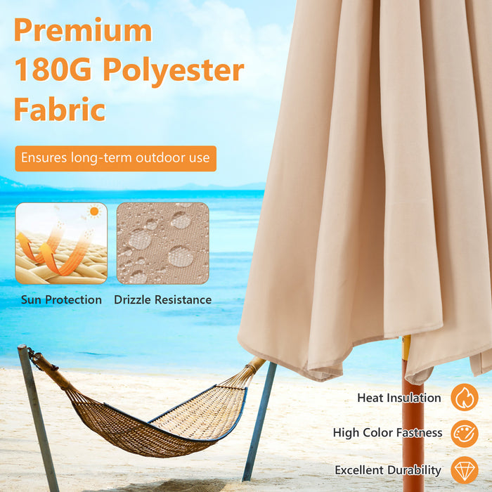 Costway 9.5 FT Patio Rope Pulley Wooden Umbrella Market w/Fiberglass Ribs Outdoor Beige