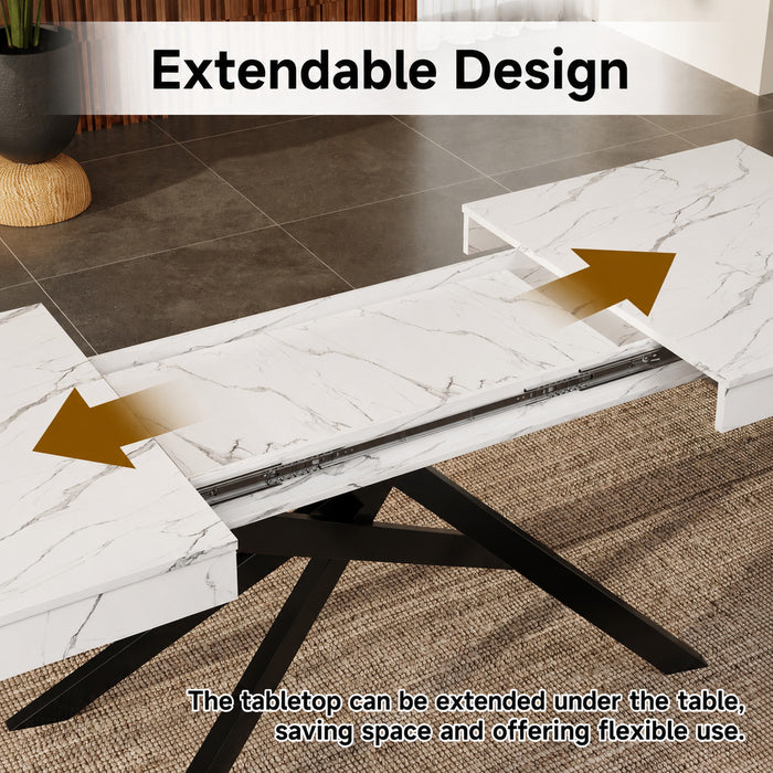 FlexDine 55-71 Inch Rectangular Extendable Dining Table with Cross Legs and Marble Effect Finish, White Marble