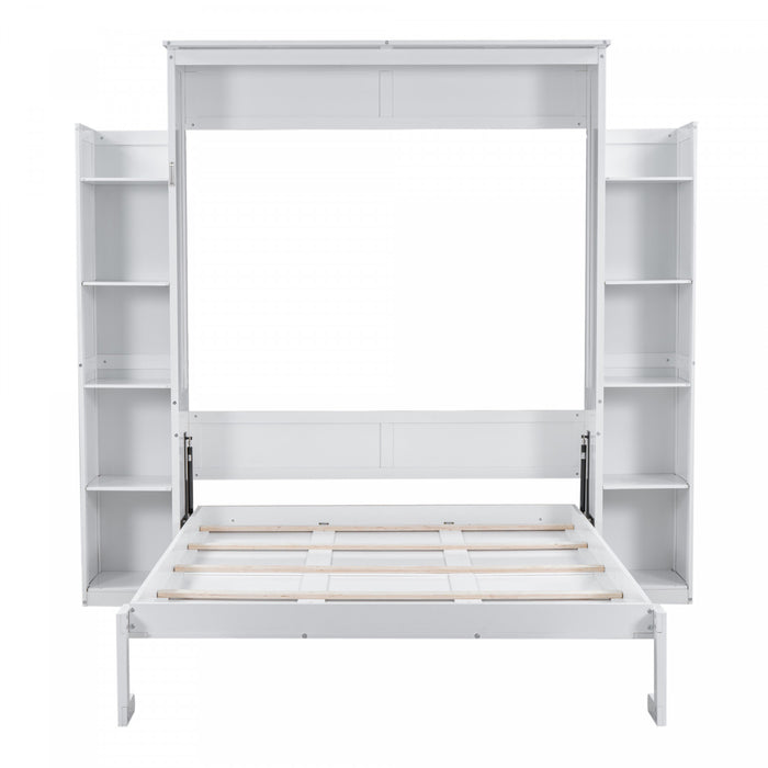 Aiden Murphy Bed with Shelves and LED Lights,Queen Size,White Queen Bed