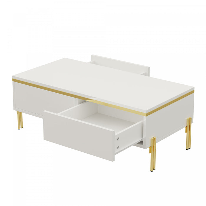 Lustra 39.4 Inch Modern High-Gloss Coffee Table with Dual Drawers and Gold Accents, White