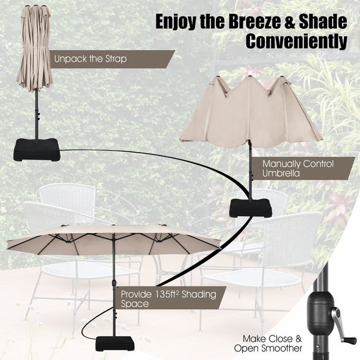 Costway 15FT Double-Sided Twin Patio Umbrella Sun Shade Outdoor Crank Market Base Beige