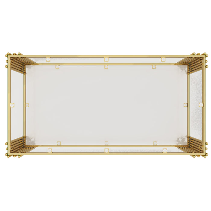 Aria 47.5 Inch Modern Rectangular Coffee Table with Asymmetrical Gold Frame and Glass Top, Transparent