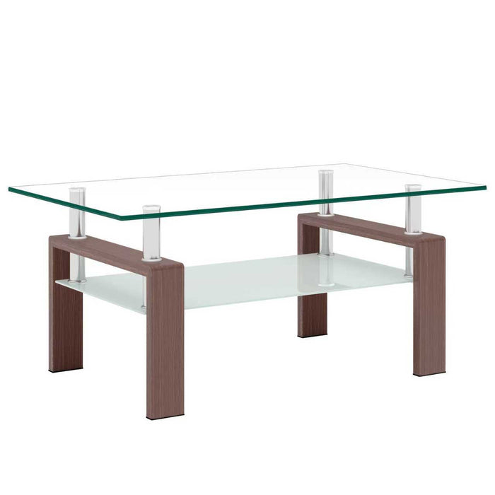 Liam Modern Rectangle Clear Tempered Glass Coffee Table,Walnut