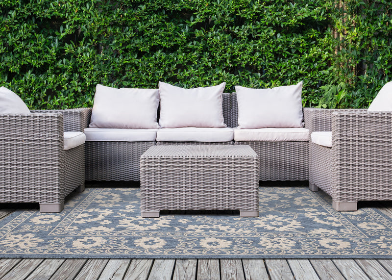 Cabana Blue White Elegant Border Outdoor Rug, 6'7\" x 9'6\" Outdoor Area Rug