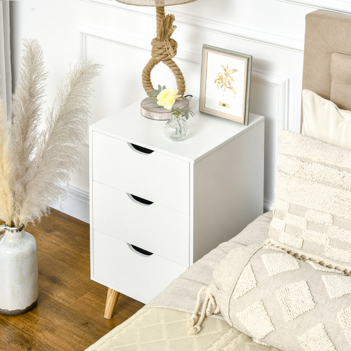 HOMCOM Nightstand, Bedside Table with 3 Drawers, Wood Legs, White