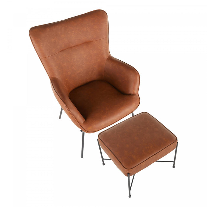LumiSource Izzy 2-Piece Faux Leather Industrial Accent Lounge Chair and Ottoman - Camel