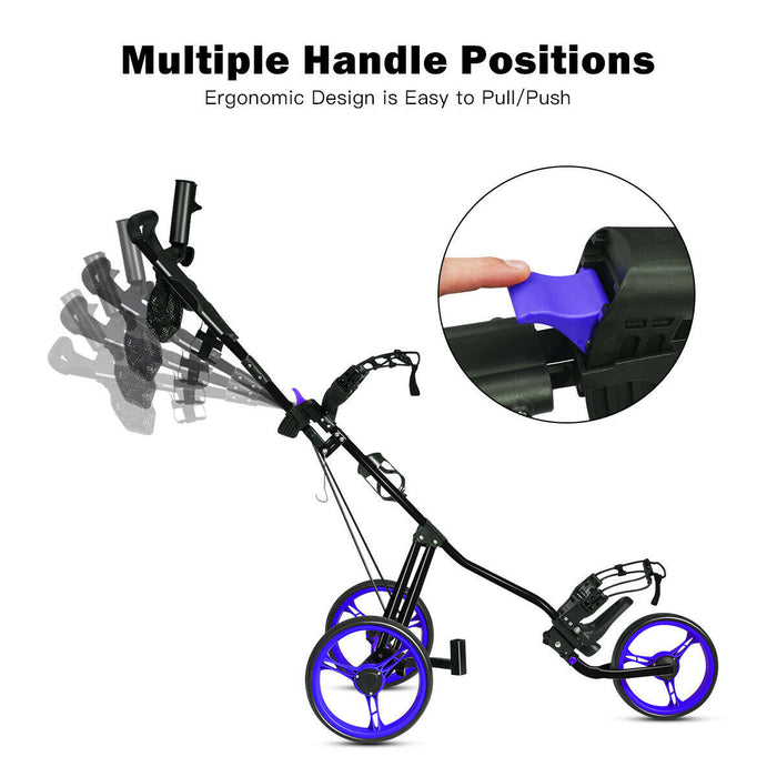 Costway Foldable 3 Wheel Push Pull Golf Club Cart Trolley W/seat Scoreboard Bag Blue