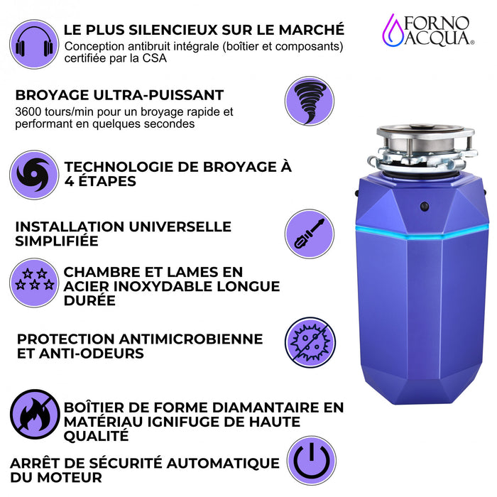BrightDIAMOND 1HP Quietest Waste Disposer, LED Cabinet Light, Corded & Air Switch, Amethyst - WDD100TA1AM Food Disposer