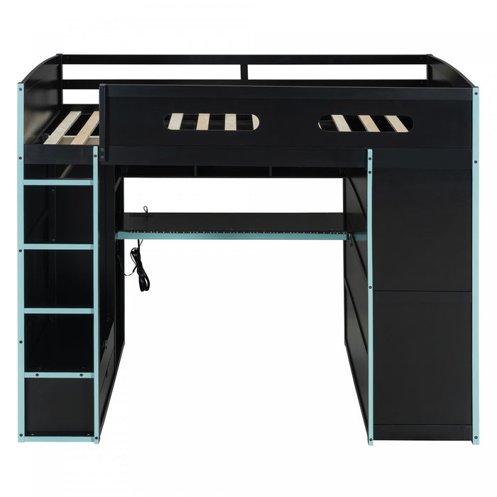 Jerry Wood Loft Bed with Desk and Storage,Full Size,Blue Full Bed