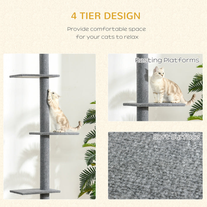 Pawhut 100\" Floor To Ceiling Cat Tree W/ 3 Perches Activity Center For Kittens Cat Tower Furniture, Grey