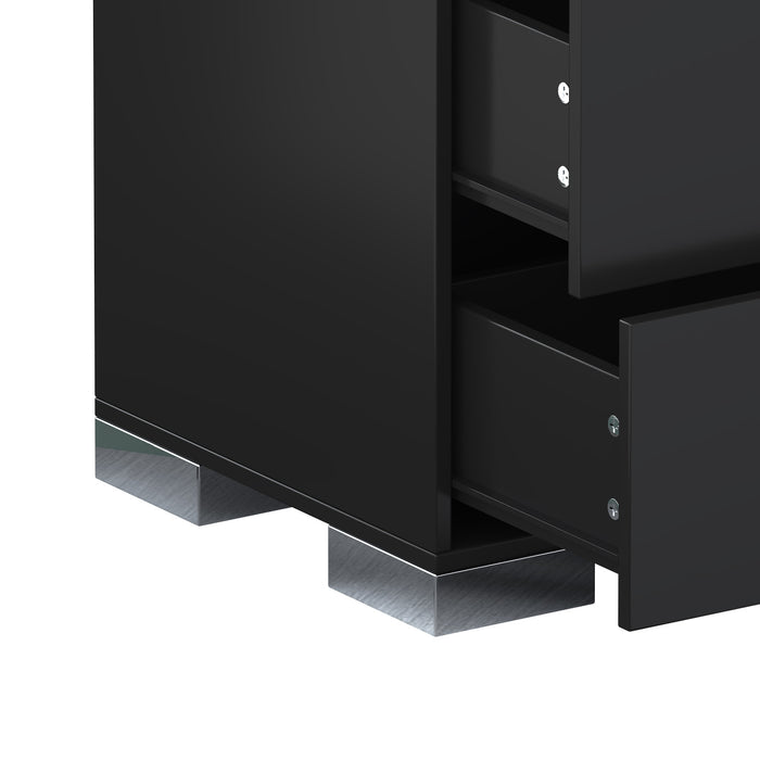 Nova Elegant Nightstand with Metal Foot and Mirrored Drawers, Black