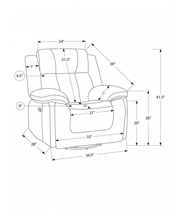 MONARCH SPECIALTIES POWER RECLINING CHAIR, 39\" WIDE, GLIDER, SWIVEL, USB PORTS INCLUDED, LIGHT GREY FABRIC Recliner