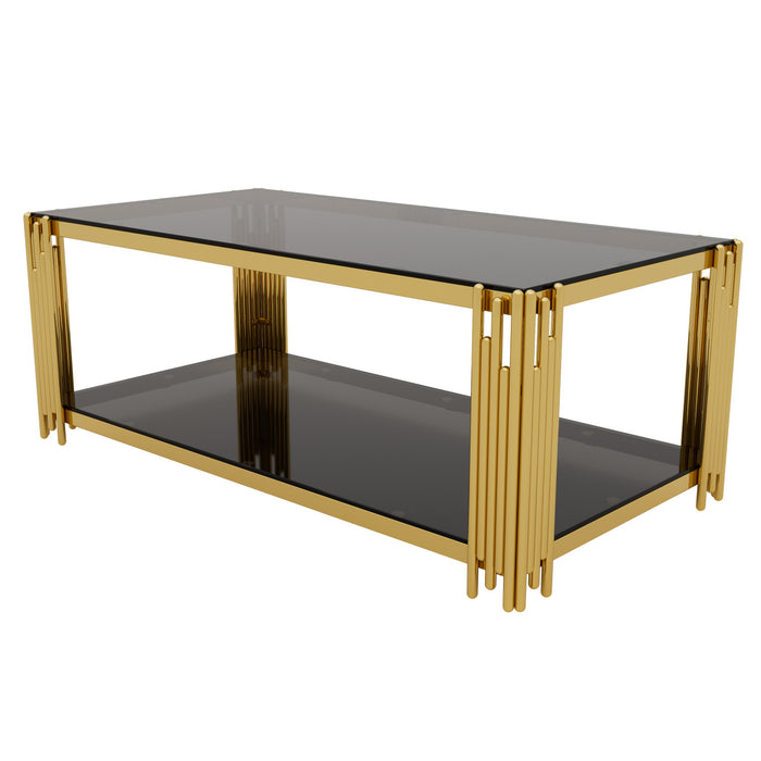 Aria 47.5 Inch Modern Rectangular Coffee Table with Asymmetrical Gold Frame and Mirror Top, Black