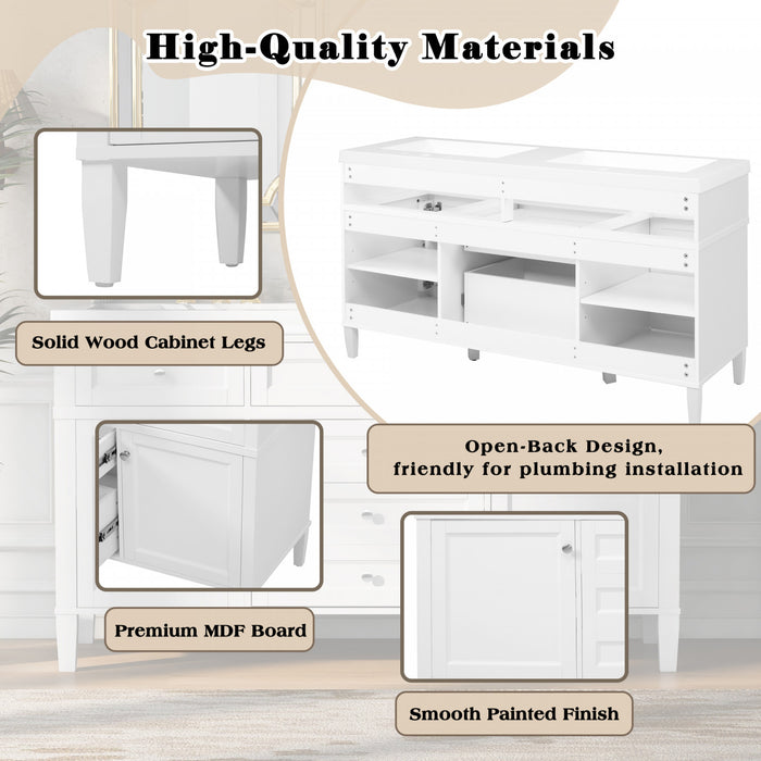 Haven 59 Inch Double Sink Bathroom Vanity with Resin Sinks and 3 Drawers, White
