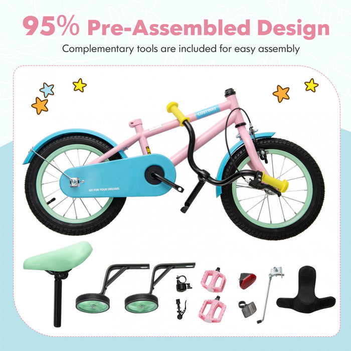 Costway 18\" Kids Bike With Adjustable Saddle Handlebar Removable Training Wheels Handbrake Pink