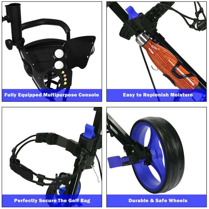 Costway Foldable 3 Wheel Push Pull Golf Club Cart Trolley W/seat Scoreboard Bag Blue