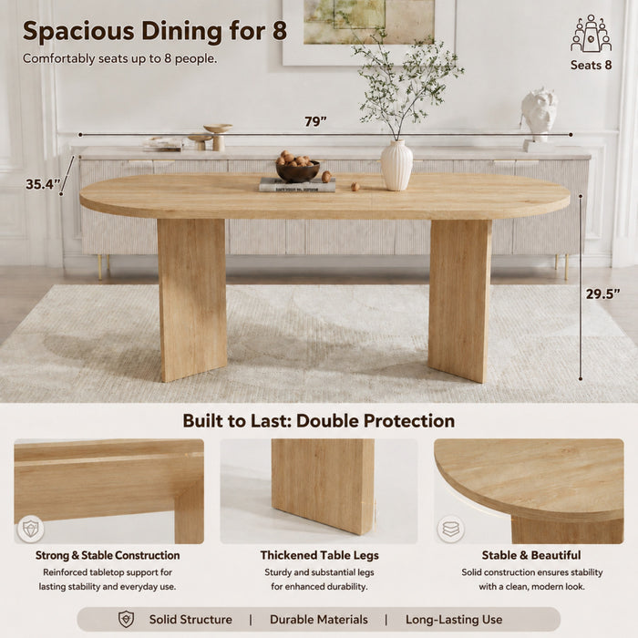 Ovalux 79 Inch Modern Oval Dining Table with Dual Pedestal Base and Wood Finish, Oak