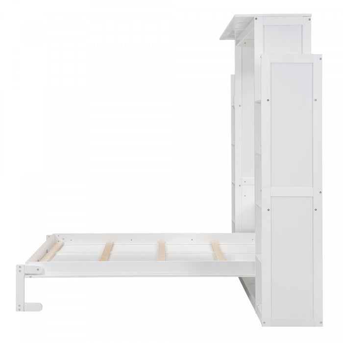 Aiden Murphy Bed with Shelves and LED Lights,Full Size,White Full Bed