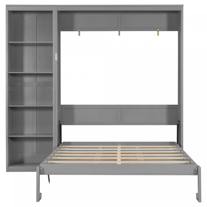 Jessie Space-Saving Multi-Functional Wall Bed with Shelves,Queen Size,Grey Queen Bed