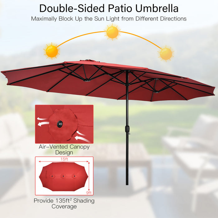 Costway 15FT Double-Sided Twin Patio Umbrella Outdoor Market W/ Crank & Base Wine