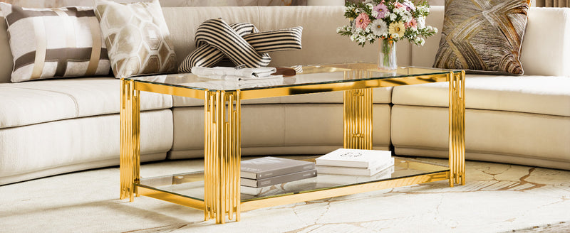 Aria 47.5 Inch Modern Rectangular Coffee Table with Asymmetrical Gold Frame and Glass Top, Transparent