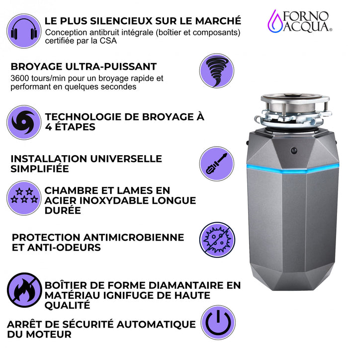 BrightDIAMOND 1HP Quietest Waste Disposer, LED Cabinet Light, Corded & Air Switch, Black Onxy - WDD100TA1BO Food Disposer