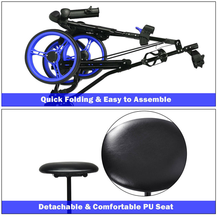 Costway Foldable 3 Wheel Push Pull Golf Club Cart Trolley W/seat Scoreboard Bag Blue