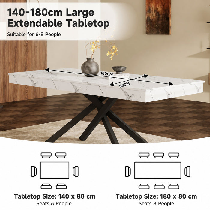 FlexDine 55-71 Inch Rectangular Extendable Dining Table with Cross Legs and Marble Effect Finish, White Marble