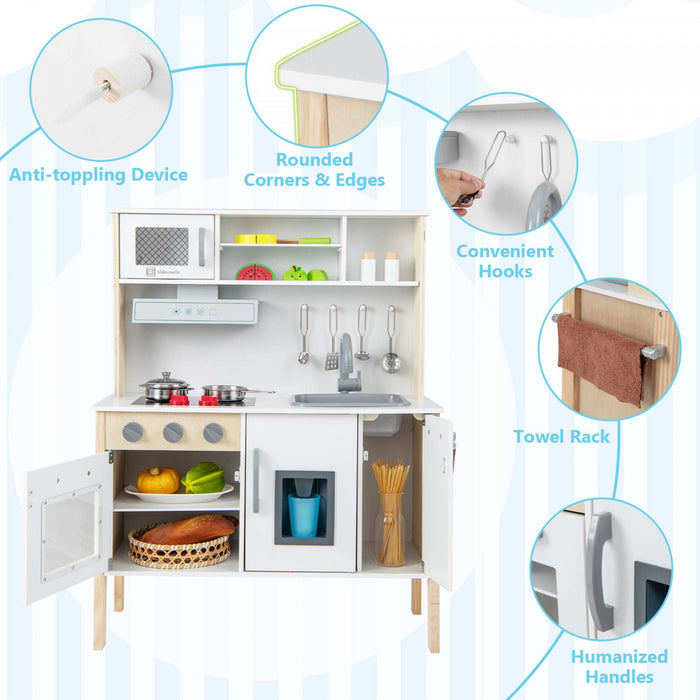 Costway Kids Kitchen Playset Wooden Pretend Play Chef Toy W/ Microwave & Accessories
