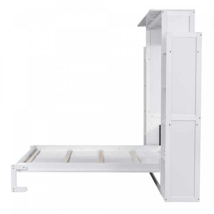 Aiden Murphy Bed with Shelves and LED Lights,Queen Size,White Queen Bed