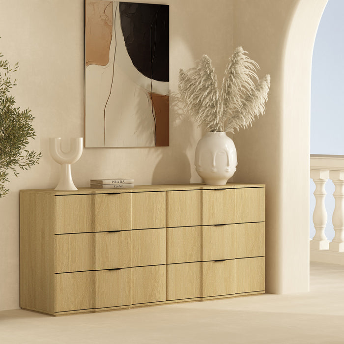 Clive Mid-Century Modern 72\" Dresser in Natural Oak and Gold (6-Drawer)