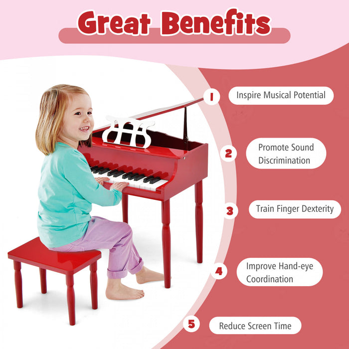 Costway 30-Key Classic Baby Grand Piano Toddler Toy Wood with Bench & Music Rack Red