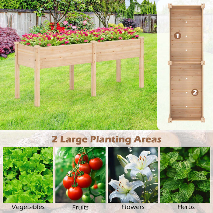 Costway Raised Garden Bed Elevated Fir Wood Planter Box With 2 Large Planting Areas Beige