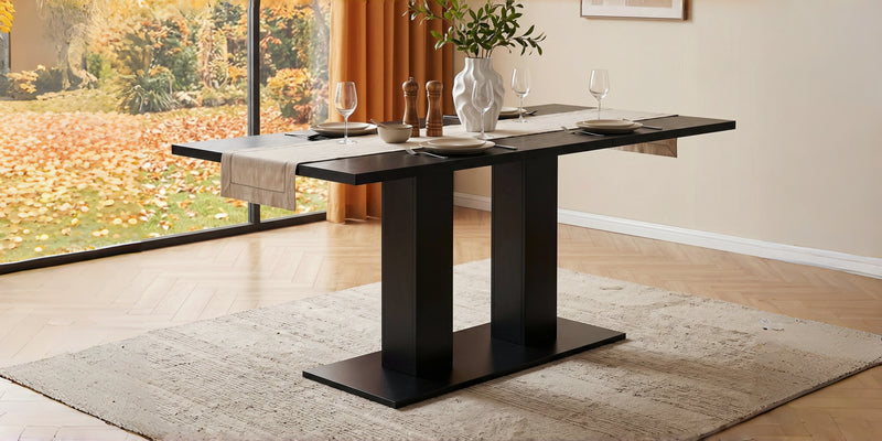Vero 71 Inch Modern Rectangular Dining Table with Dual Pedestal Base and Black Finish, Black