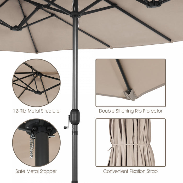 Costway 15FT Double-Sided Twin Patio Umbrella Sun Shade Outdoor Crank Market Base Beige