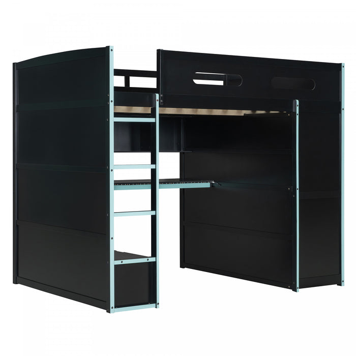 Jerry Wood Loft Bed with Desk and Storage,Full Size,Blue Full Bed