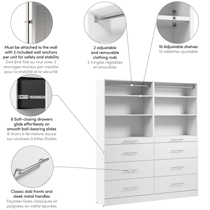 Bestar Florence 71\" Modular Reach-In/Walk-In Closet System with Shelves and Drawers Slab Style - White